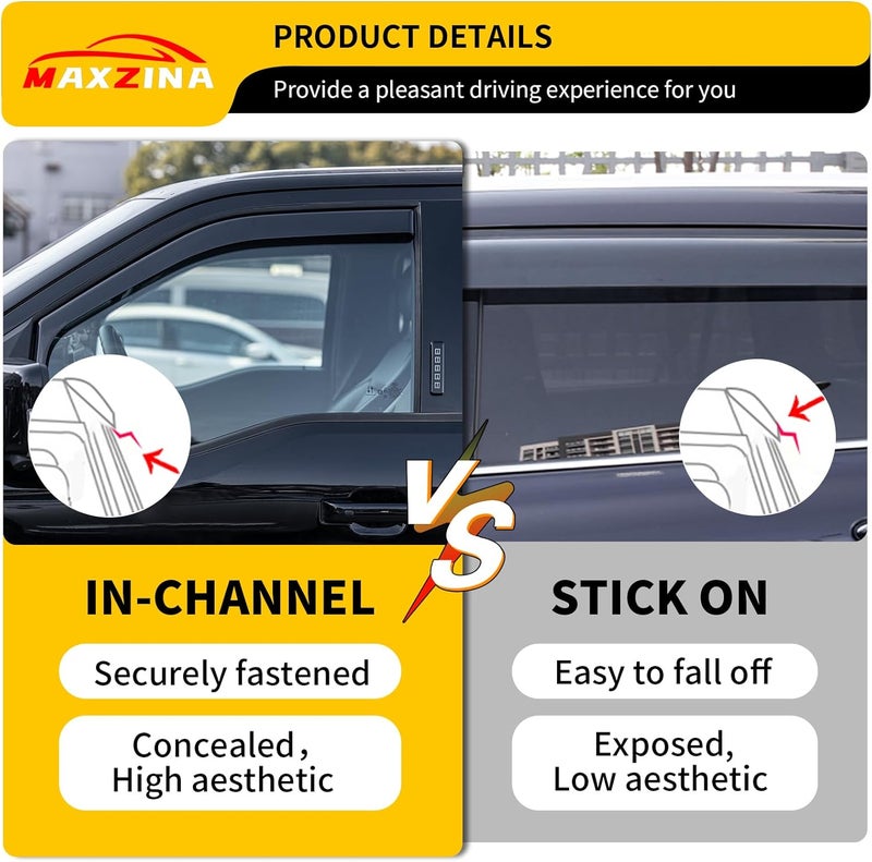 Maxzina Extended Visor Rain Guards Compatible with 2015+ F150 2017+ Raptor F-250 F-350 F-450 F-550 Super Duty SuperCrew Front and Rear in-Channel Window Visors Wind Deflectors 4PCS Accessories - Image 5